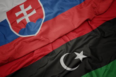 Libya 'nın renkli bayrağı ve Slovakya' nın ulusal bayrağı sallanıyor..