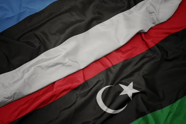 Ondeando colorida bandera de libya y bandera nacional de estonia . — Foto de Stock