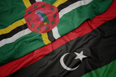 Libya 'nın renkli bayrağı ve Dominika' nın ulusal bayrağı sallanıyor..