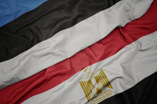 Sventolando bandiera colorata di Egitto e bandiera nazionale di estonia . — Foto Stock