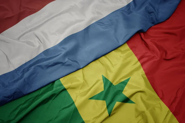 Mávání barevnou vlajkou senegalské a národní vlajky luxembourg. — Stock fotografie