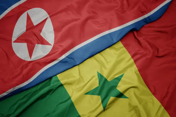 Ondeando colorida bandera de senegal y bandera nacional de Corea del Norte . — Foto de Stock