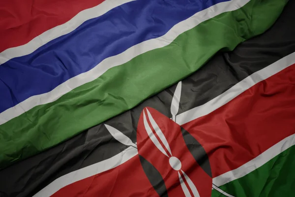 Agitant le drapeau coloré du Kenya et le drapeau national de la Gambie . — Photo