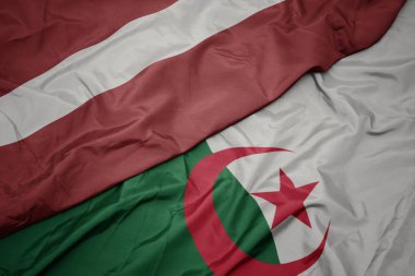 Cezayir 'in renkli bayrağı ve Letonya' nın ulusal bayrağı sallanıyor..