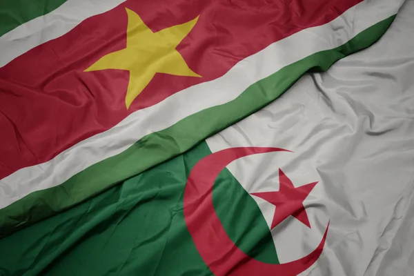 Schwenken bunte Flagge von Algerien und Nationalflagge von Surinam. — Stockfoto