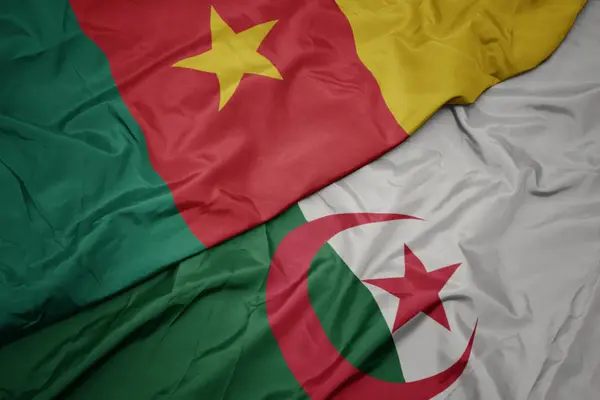 Schwenken bunte Flagge Algeriens und Nationalflagge Kameruns. — Stockfoto