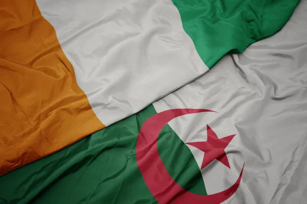 Schwenken bunte algerische Flagge und Nationalflagge der Cote divoire. — Stockfoto