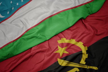 Angola 'nın renkli bayrağı ve Özbekistan' ın ulusal bayrağı sallanıyor.