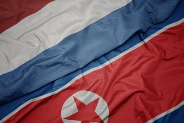 Kuzey Kore 'nin renkli bayrağı ve Lüksemburg' un ulusal bayrağı sallanıyor..