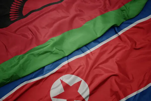 Ondeando colorida bandera de Corea del Norte y bandera nacional de Malawi . — Foto de Stock