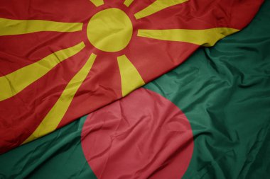 Bangladeş 'in renkli bayrağını sallıyor ve Macedonia' nın ulusal bayrağını sallıyor..