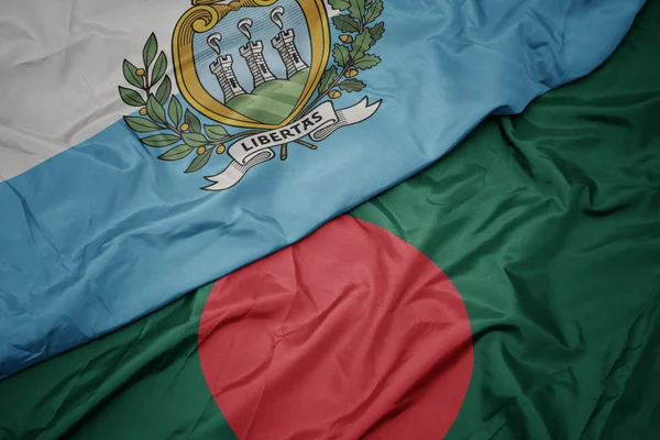 Waving colorful flag of bangladesh and national flag of san marino. — Stock Photo, Image