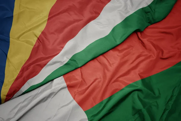 Machanie barwną flagą Madagaskaru i flagą narodową Seszeli. — Zdjęcie stockowe