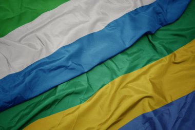 Gabon 'un renkli bayrağı ve Sierra Leone' nin ulusal bayrağı sallanıyor..