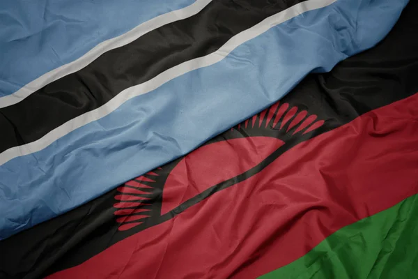 Acenando bandeira colorida do malawi e bandeira nacional do Botswana . — Fotografia de Stock