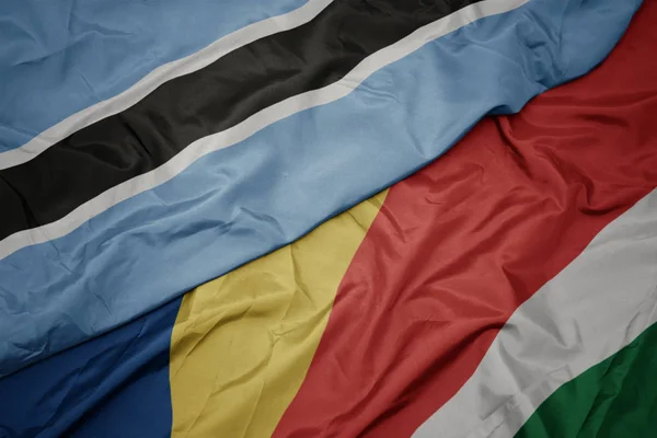 Agitant le drapeau coloré des Seychelles et le drapeau national du Botswana . — Photo