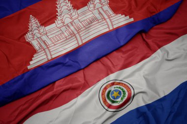 Paraguay 'ın renkli bayrağı ve Kamboçya' nın ulusal bayrağı sallanıyor. makro