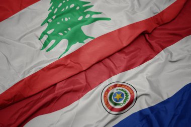 Paraguay 'ın renkli bayrağı ve Lübnan' ın ulusal bayrağı sallanıyor. makro