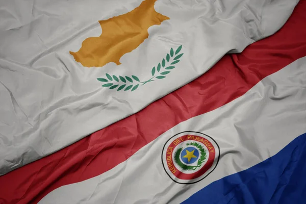 Viftande Färgglada Flagga Paraguay Och Nationell Flagga Cyprus Makro — Stockfoto