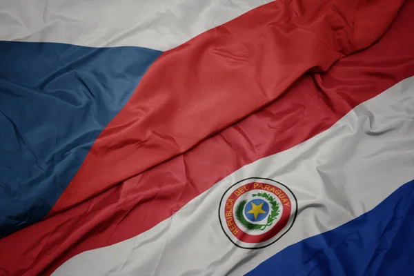 Zwaaiende Vlag Van Paraguay Nationale Vlag Van Tsjechische Republiek Macro — Stockfoto