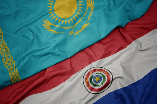 Paraguay Renkli Bayrağı Kazakistan Ulusal Bayrağı Sallanıyor Makro — Stok fotoğraf