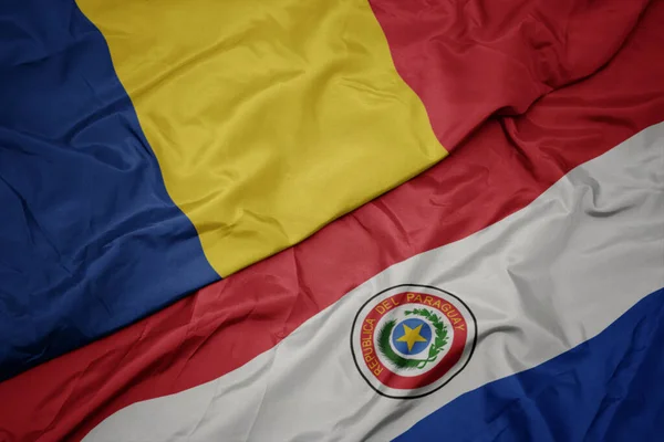 Ondeando Colorida Bandera Paraguay Bandera Nacional Romania Macro —  Fotos de Stock