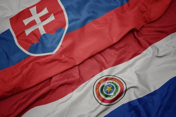 Acenando Bandeira Colorida Paraguai Bandeira Nacional Eslováquia Macro — Fotografia de Stock