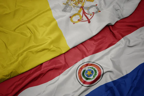 Sventolando Bandiera Colorata Paraguay Bandiera Nazionale Della Città Vaticana Macro — Foto Stock