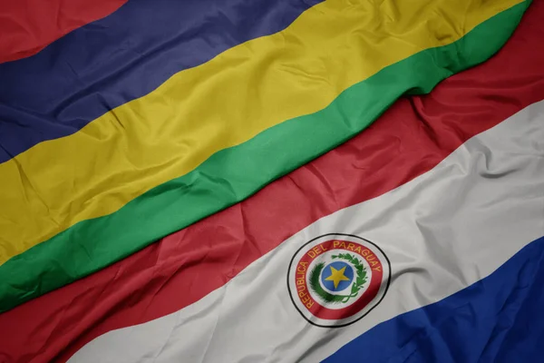 Ondeando Colorida Bandera Paraguay Bandera Nacional Mauritius Macro —  Fotos de Stock