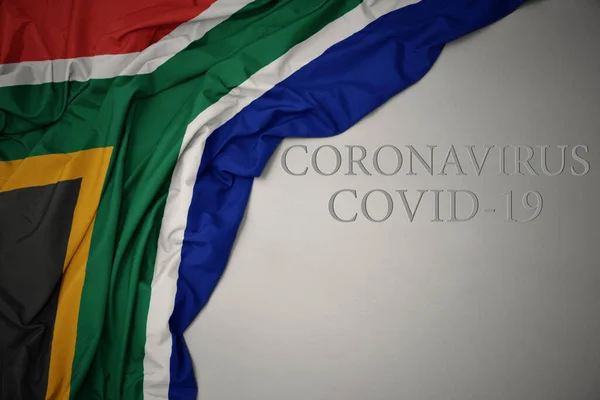 Ondeando Colorida Bandera Nacional Sudáfrica Sobre Fondo Gris Con Texto — Foto de Stock