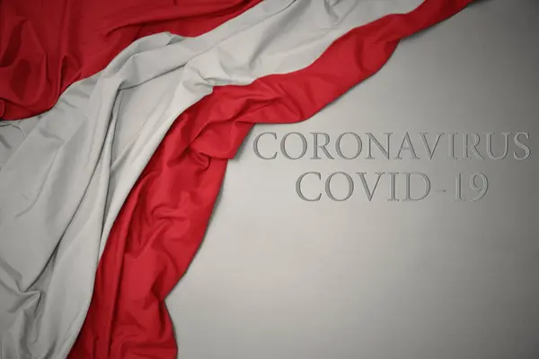 Waving Colorful National Flag Austria Gray Background Text Coronavirus Covid — Stock Photo, Image