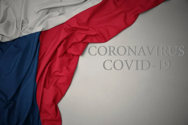 Waving Colorful National Flag Czech Republic Gray Background Text Coronavirus — Stock Photo, Image