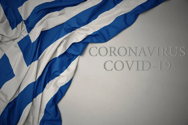 Waving Colorful National Flag Greece Gray Background Text Coronavirus Covid — Stock Photo, Image