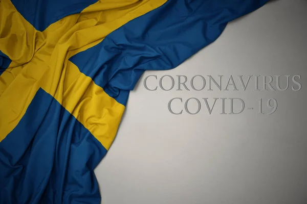 Waving Colorful National Flag Sweden Gray Background Text Coronavirus Covid — Stock Photo, Image