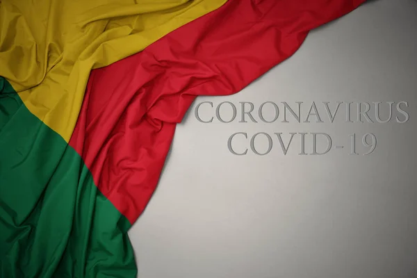 Waving Colorful National Flag Benin Gray Background Text Coronavirus Covid — Stock Photo, Image