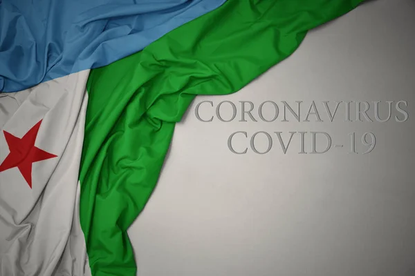 Waving Colorful National Flag Djibouti Gray Background Text Coronavirus Covid — Stock Photo, Image