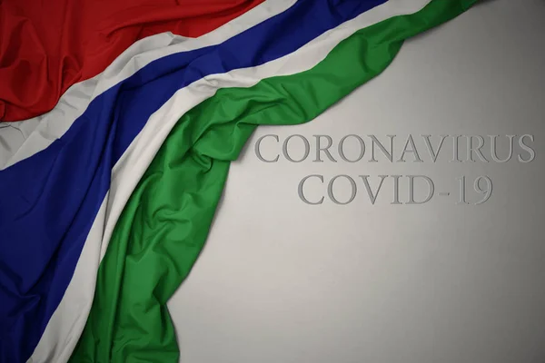 Waving Colorful National Flag Gambia Gray Background Text Coronavirus Covid — Stock Photo, Image