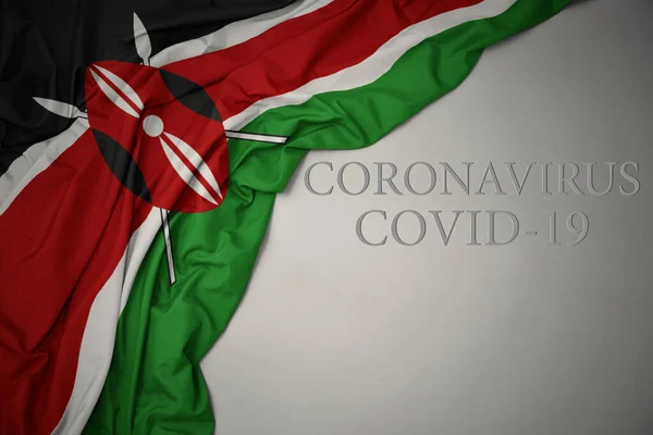 Ondeando Colorida Bandera Nacional Kenya Sobre Fondo Gris Con Texto — Foto de Stock