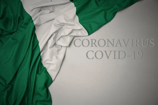 Waving Colorful National Flag Nigeria Gray Background Text Coronavirus Covid — Stock Photo, Image