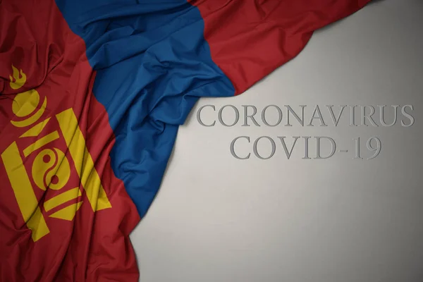 Viftar Färgglada Nationella Flagga Mongolia Grå Bakgrund Med Text Coronavirus — Stockfoto