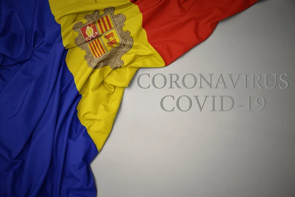 Waving Colorful National Flag Andorra Gray Background Text Coronavirus Covid — Stock Photo, Image