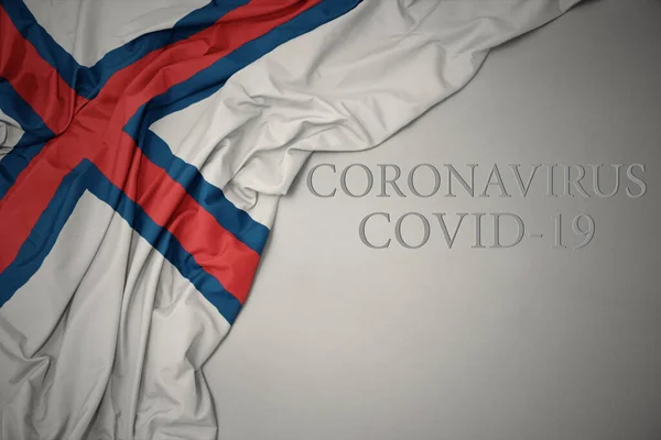 Waving Colorful National Flag Faroe Islands Gray Background Text Coronavirus — Stock Photo, Image