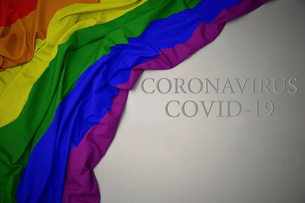 Ondeando Colorido Arco Iris Gay Bandera Sobre Fondo Gris Con —  Fotos de Stock