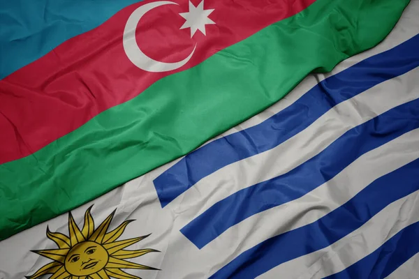 Vlající Barevnou Vlajkou Uruguaye Národní Vlajkou Azerbaijanu Makro — Stock fotografie