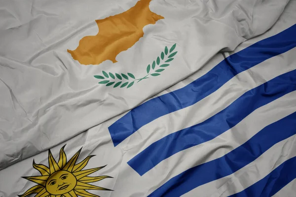 Sventolando Bandiera Colorata Uruguay Bandiera Nazionale Cipro Macro — Foto Stock