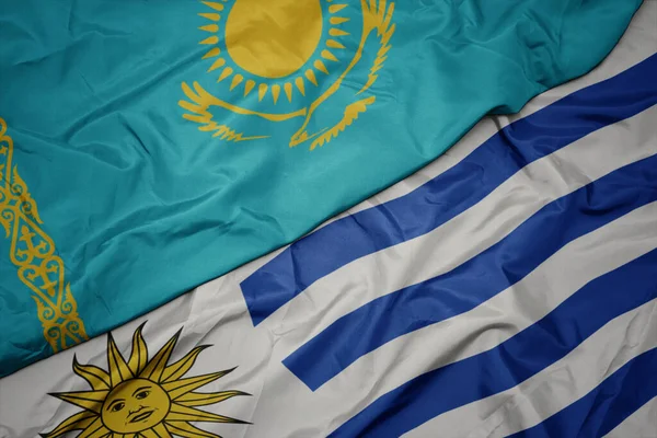 Uruguay Renkli Bayrağı Kazakistan Ulusal Bayrağı Sallanıyor Makro — Stok fotoğraf