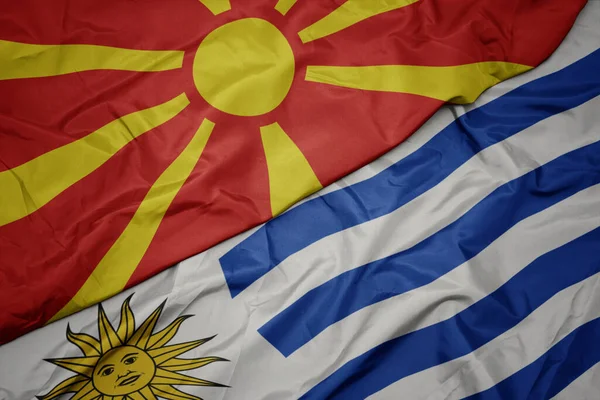 Acenando Bandeira Colorida Uruguai Bandeira Nacional Macedônia Macro — Fotografia de Stock