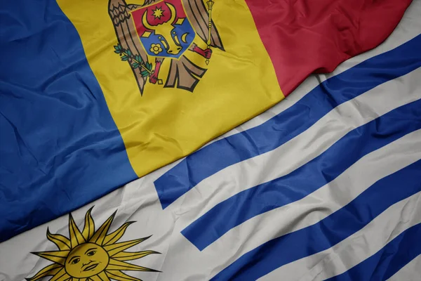 Ondeando Colorida Bandera Uruguay Bandera Nacional Moldavia Macro —  Fotos de Stock