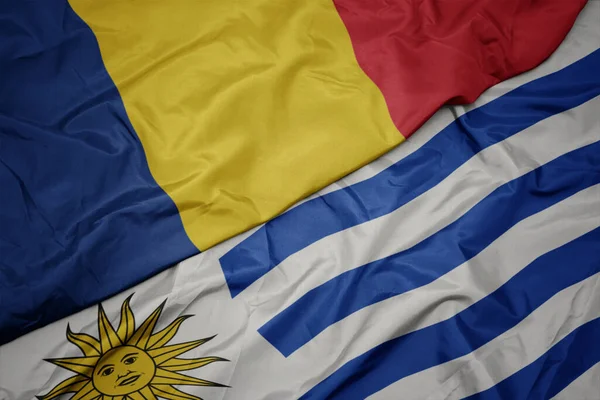 Zwaaiende Kleurrijke Vlag Van Uruguay Nationale Vlag Van Romania Macro — Stockfoto