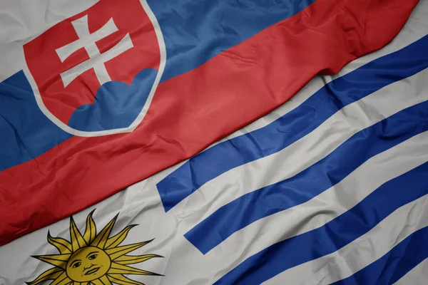 Acenando Bandeira Colorida Uruguai Bandeira Nacional Eslováquia Macro — Fotografia de Stock